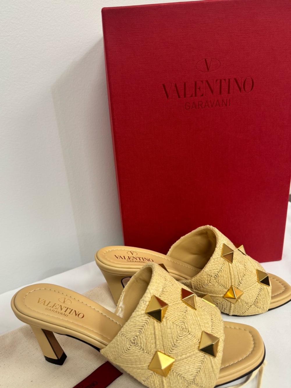 Valentino Tan Woven Pyramid-Stud Slide Mules